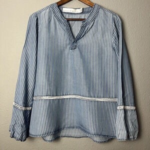 Kelly Renee Blouse Women Medium Blue Striped Long Sleeve Bell Sleeve V Neck Boho